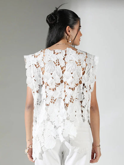 Women's Crochet White Asymmetric Hem Top