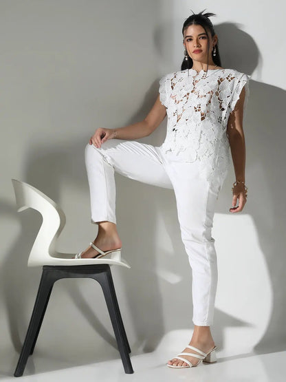 Women's Crochet White Asymmetric Hem Top