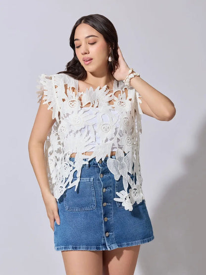 Women's White Crochet Cutwork Sleeveless Top