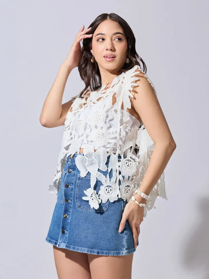 Women's White Crochet Cutwork Sleeveless Top