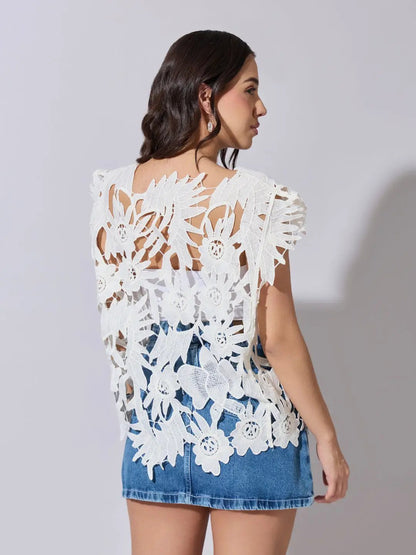 Women's White Crochet Cutwork Sleeveless Top