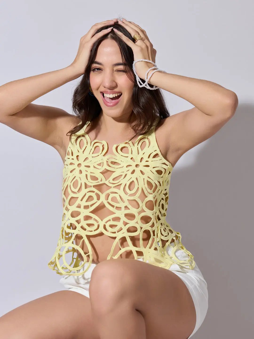 Women's Abstract Crochet Yellow Sleeveless Top