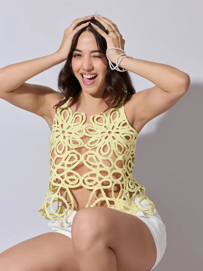 Women's Abstract Crochet Yellow Sleeveless Top