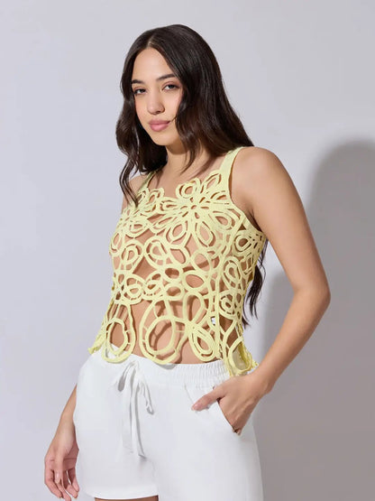 Women's Abstract Crochet Yellow Sleeveless Top