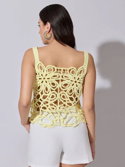 Women's Abstract Crochet Yellow Sleeveless Top