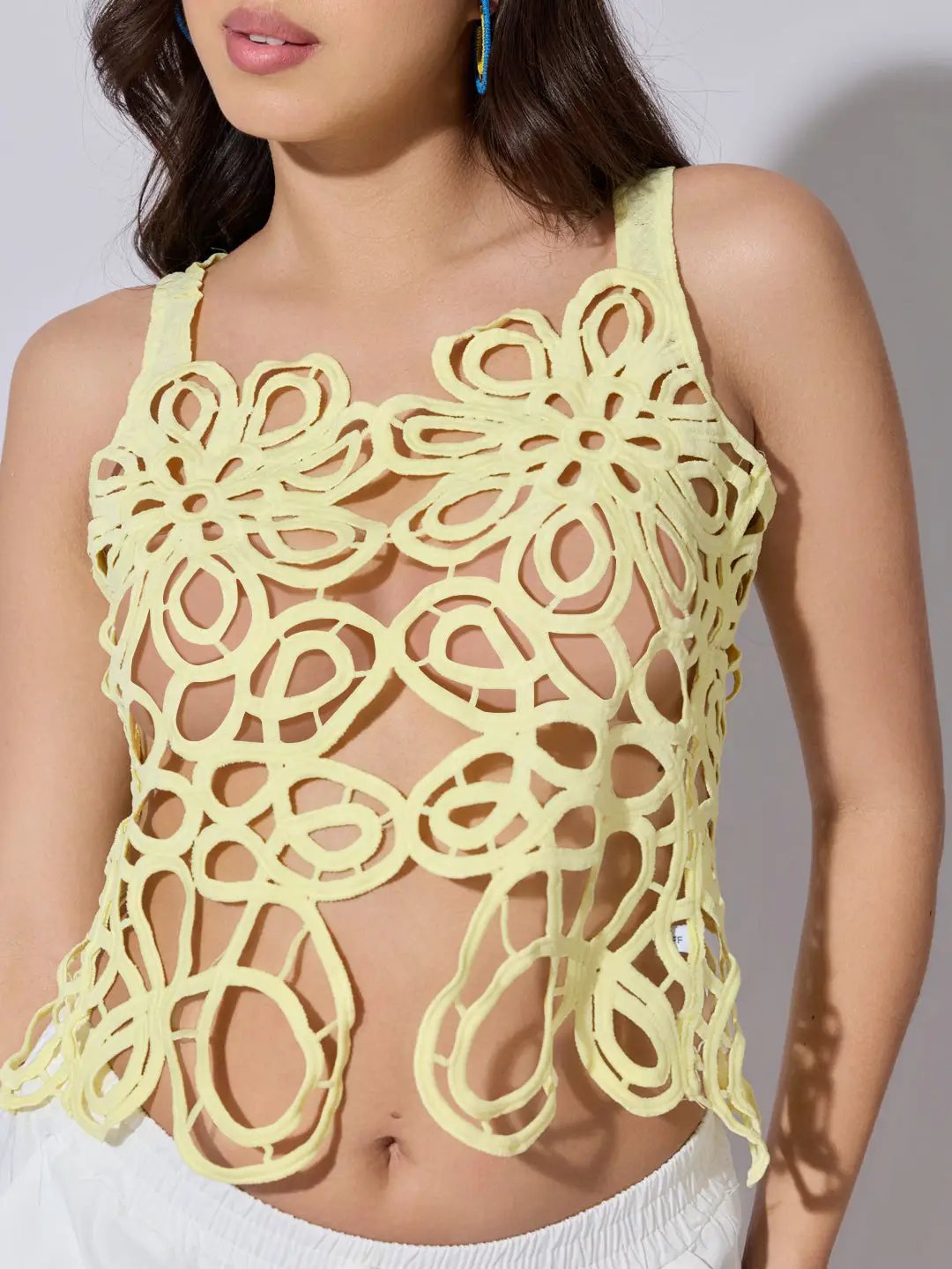 Women's Abstract Crochet Yellow Sleeveless Top