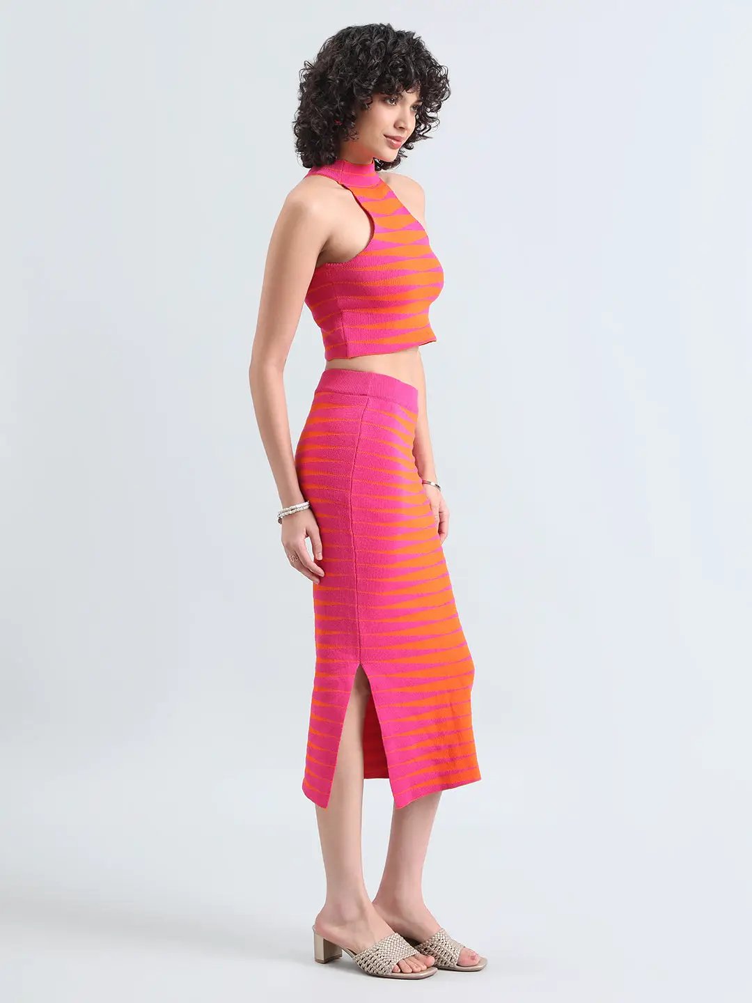 Women's Striped Pink & Orange Top and Skirt Co-Ord Set