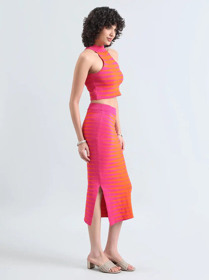 Women's Striped Pink & Orange Top and Skirt Co-Ord Set
