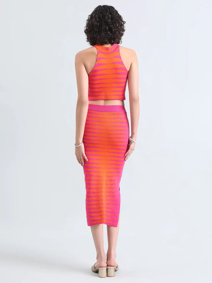 Women's Striped Pink & Orange Top and Skirt Co-Ord Set