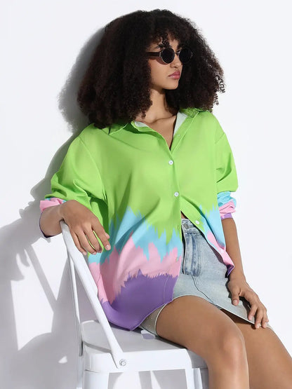 Women's Colourblocked Green Oversized Shirt