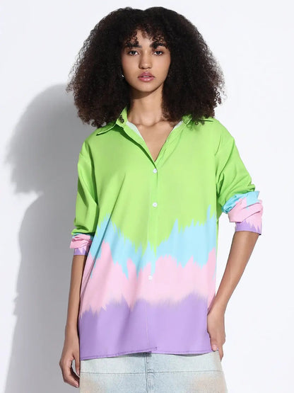 Women's Colourblocked Green Oversized Shirt