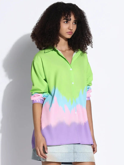 Women's Colourblocked Green Oversized Shirt