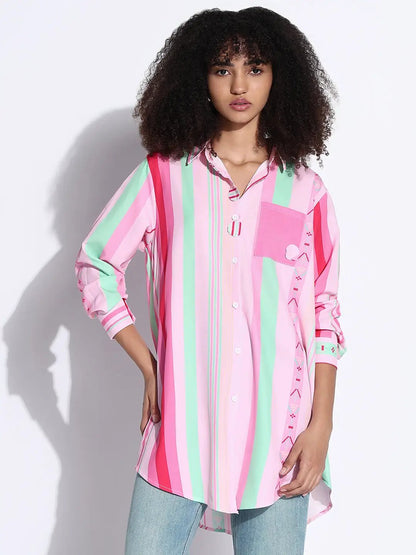 Women's Striped Pink Oversized Shirt with Chest Pocket