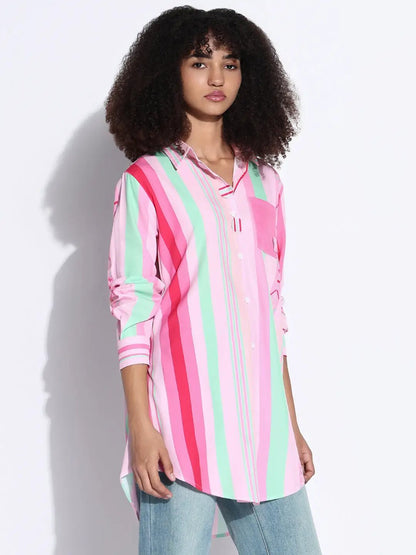 Women's Striped Pink Oversized Shirt with Chest Pocket