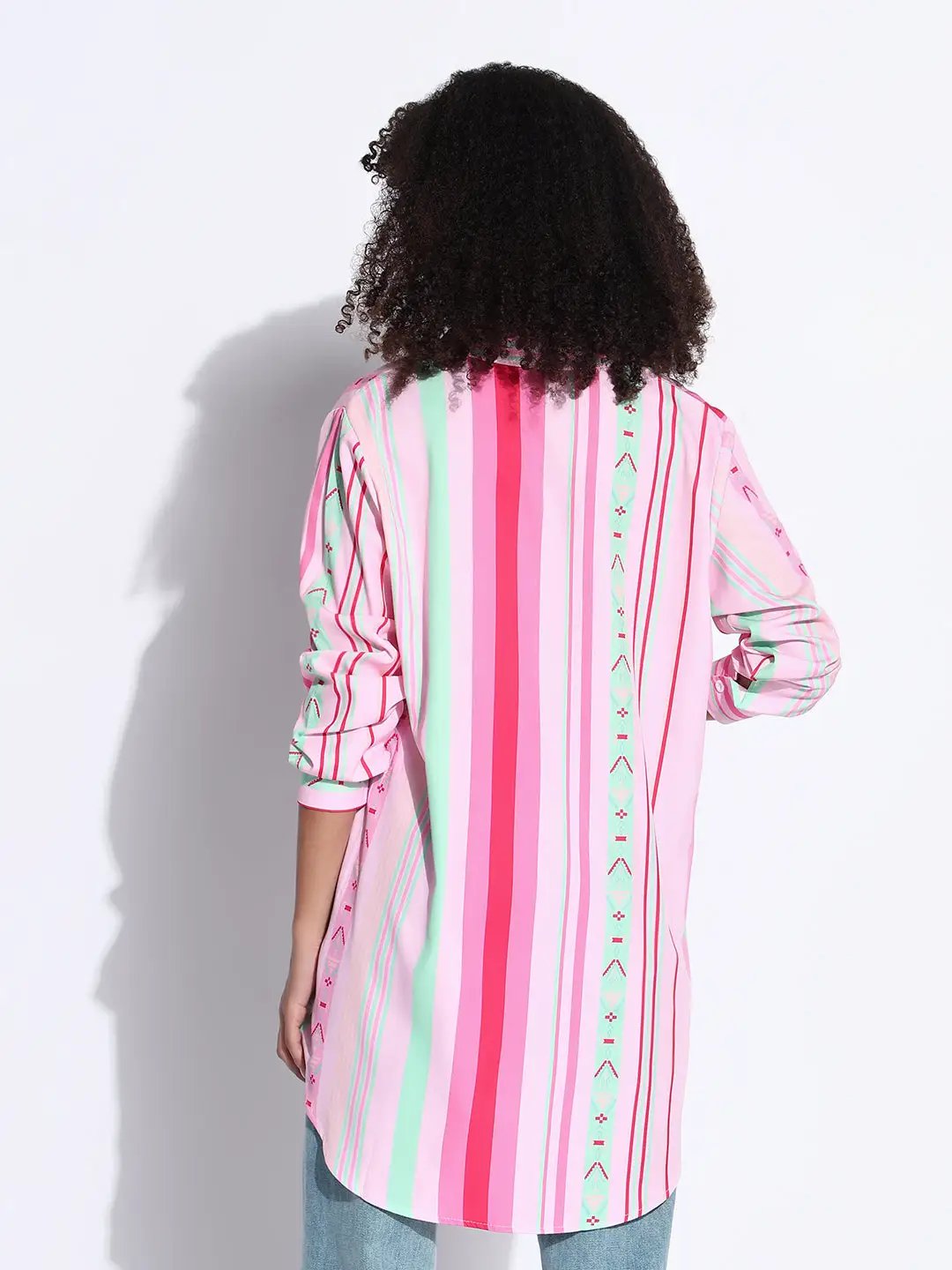 Women's Striped Pink Oversized Shirt with Chest Pocket