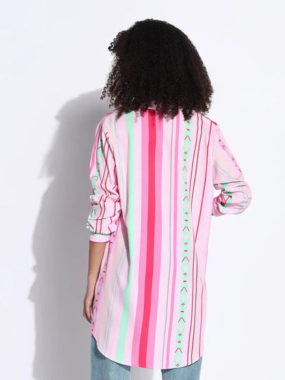 Women's Striped Pink Oversized Shirt with Chest Pocket