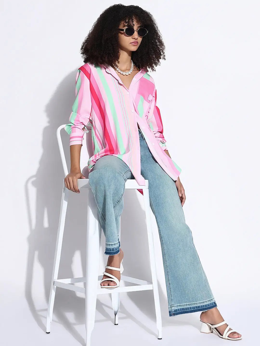 Women's Striped Pink Oversized Shirt with Chest Pocket