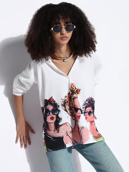 Women's Graphic White Oversized Shirt