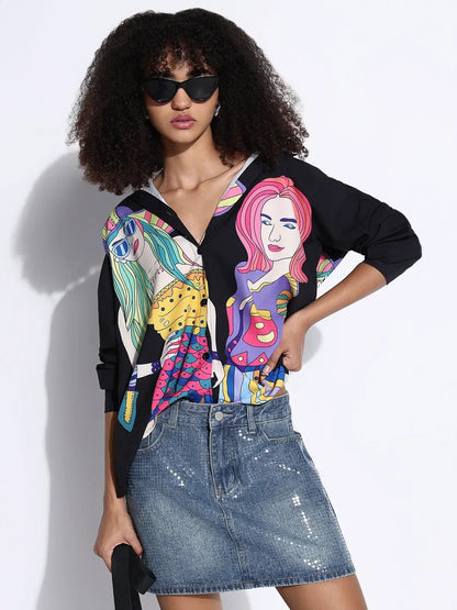 Women's Graphic Black Oversized Shirt