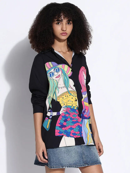 Women's Graphic Black Oversized Shirt