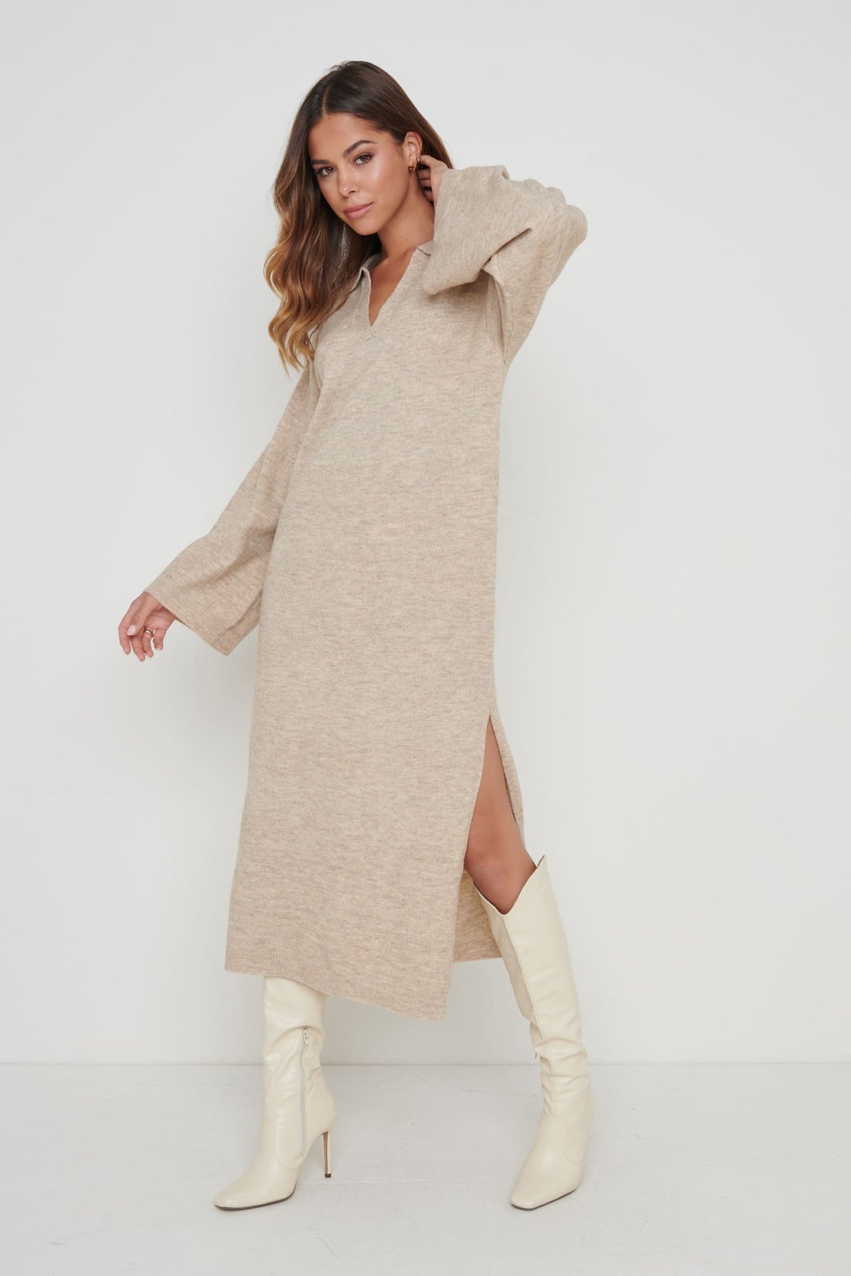 Cas Collared Knit Dress - Beige