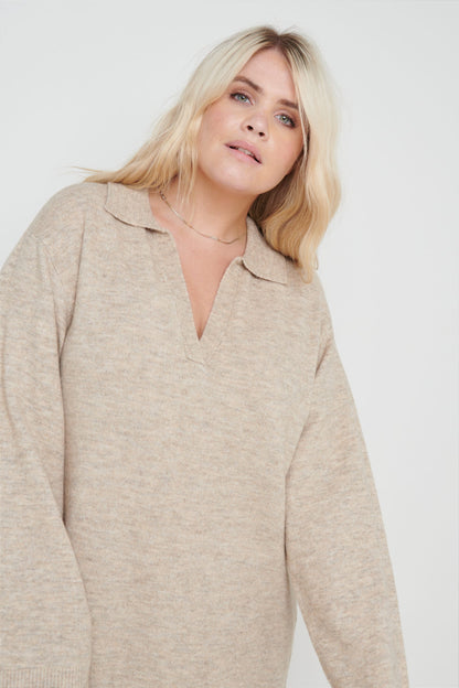 Cas Collared Knit Dress - Beige