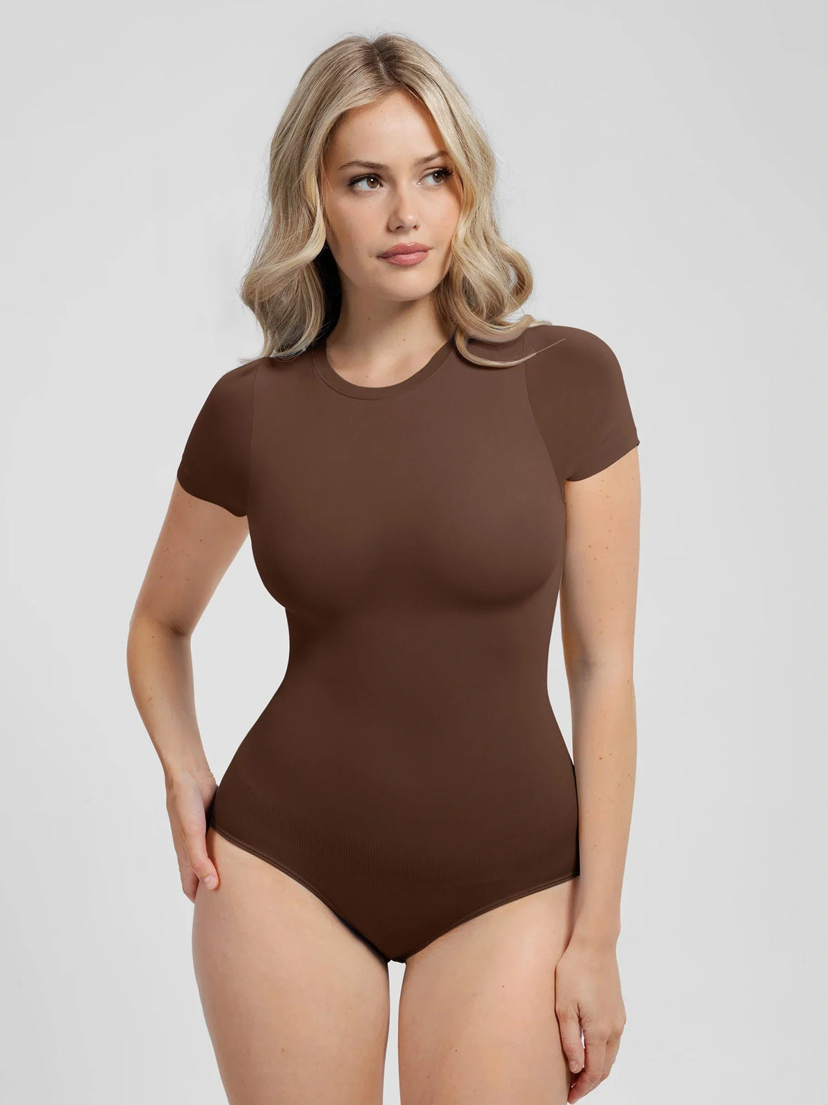Feelingirl Buttery-Soft Seamless Crew Neck Bodysuit – Light Tummy Control, Beige
