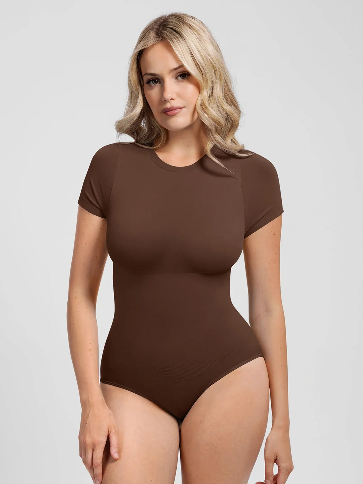 Feelingirl Buttery-Soft Seamless Crew Neck Bodysuit – Light Tummy Control, Beige