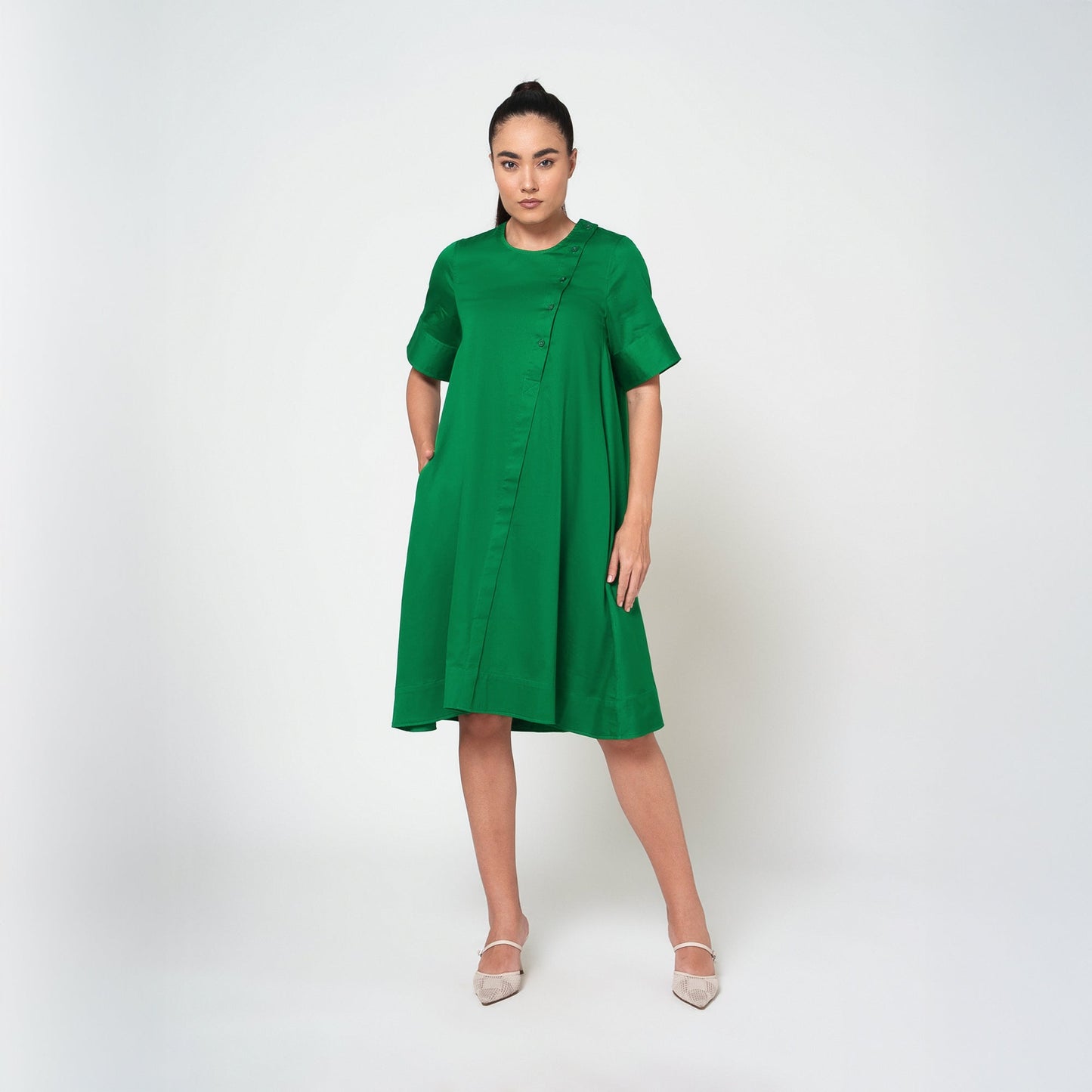 Green Cotton A-Line Dress With Round Neck