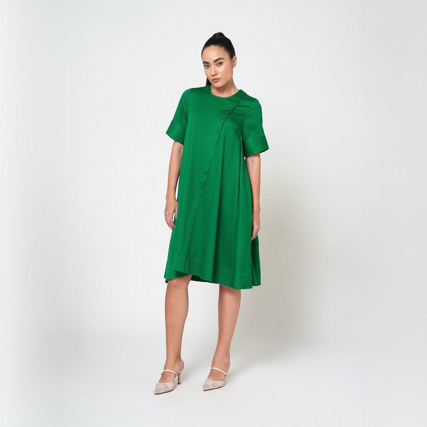 Green Cotton A-Line Dress With Round Neck