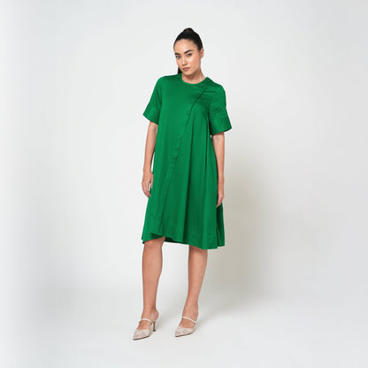 Green Cotton A-Line Dress With Round Neck