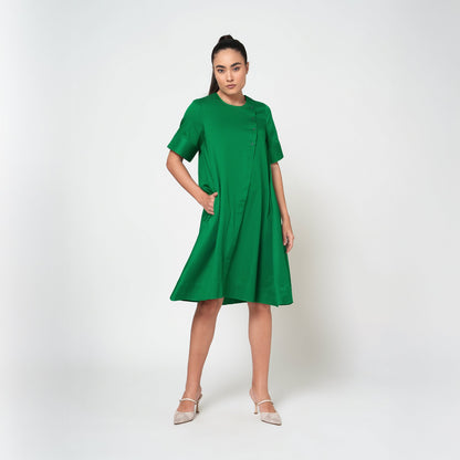 Green Cotton A-Line Dress With Round Neck