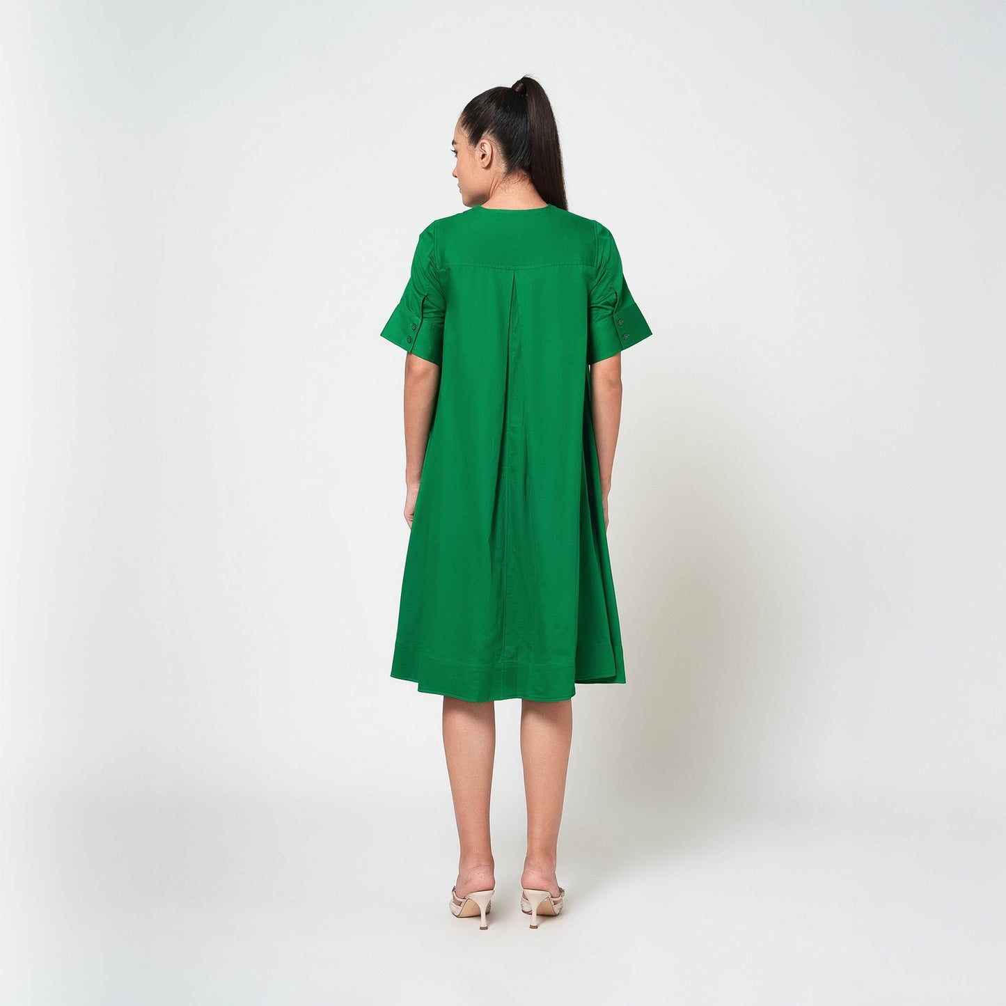 Green Cotton A-Line Dress With Round Neck