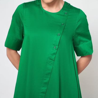 Green Cotton A-Line Dress With Round Neck