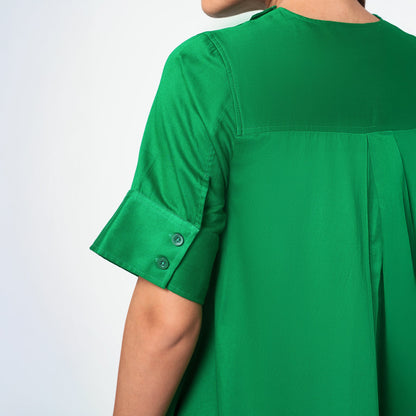 Green Cotton A-Line Dress With Round Neck