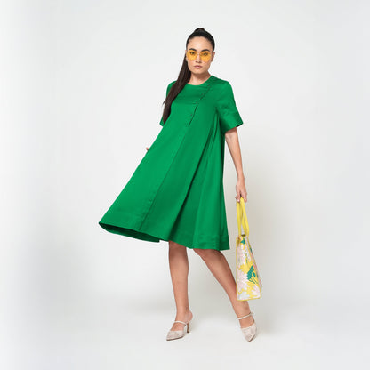 Green Cotton A-Line Dress With Round Neck