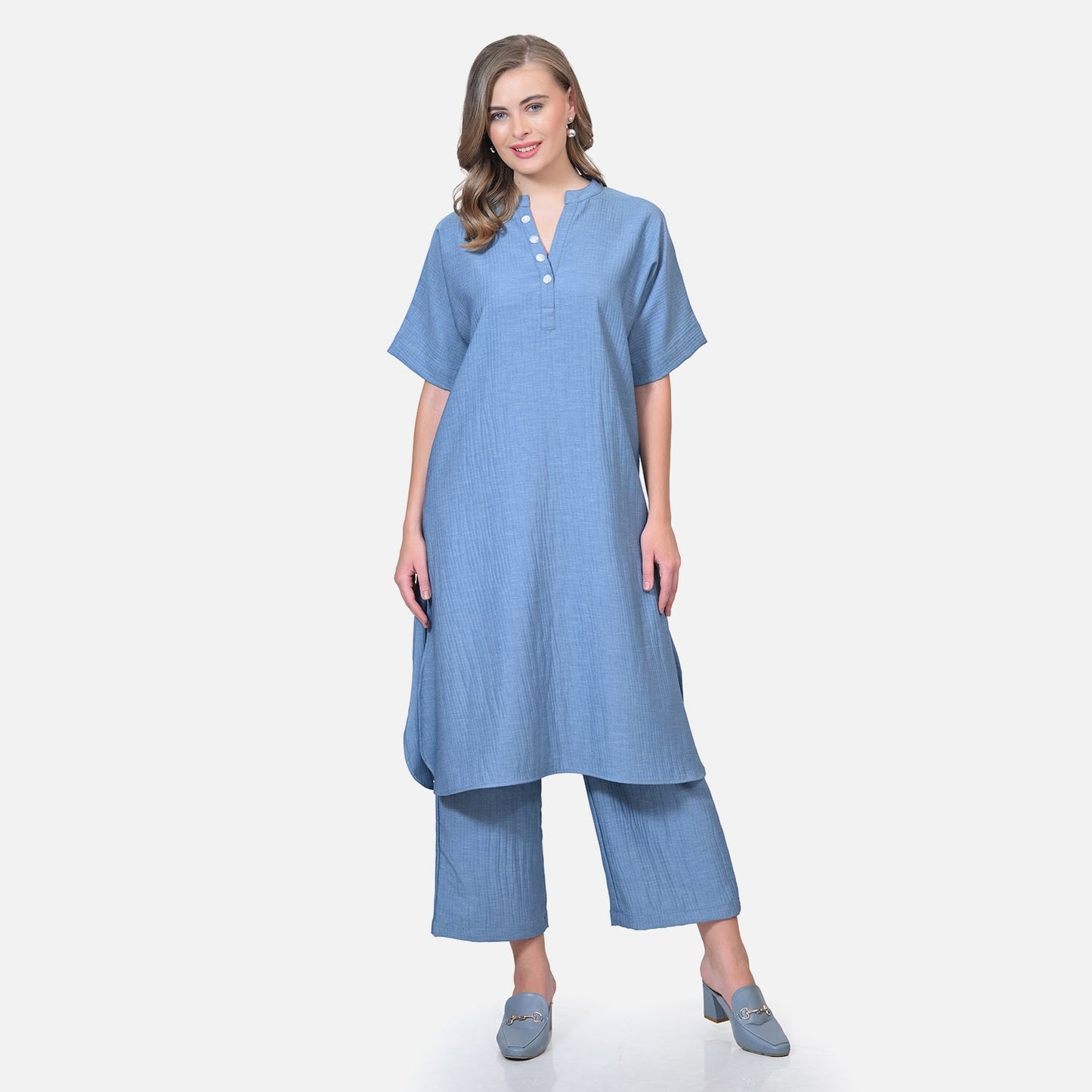 Blue Texture Line Kurta With Pocket