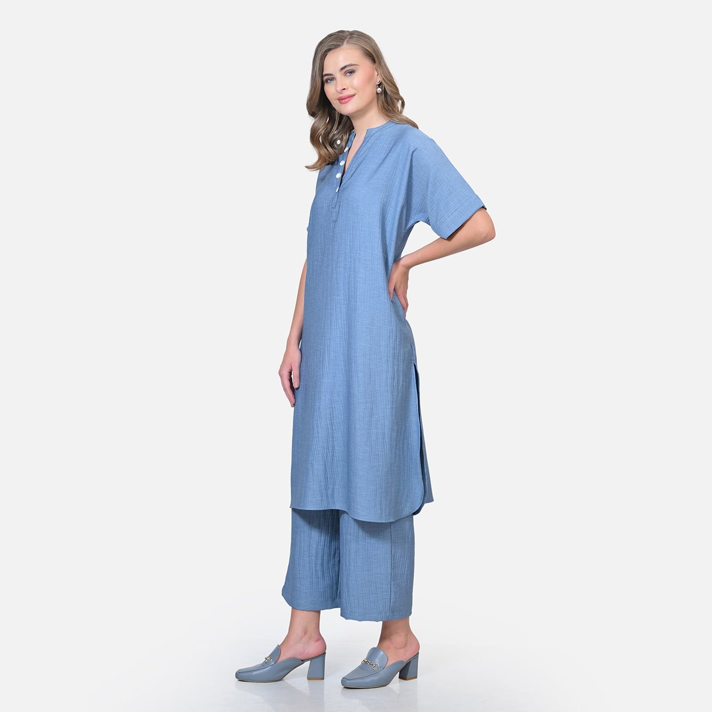 Blue Texture Line Kurta With Pocket