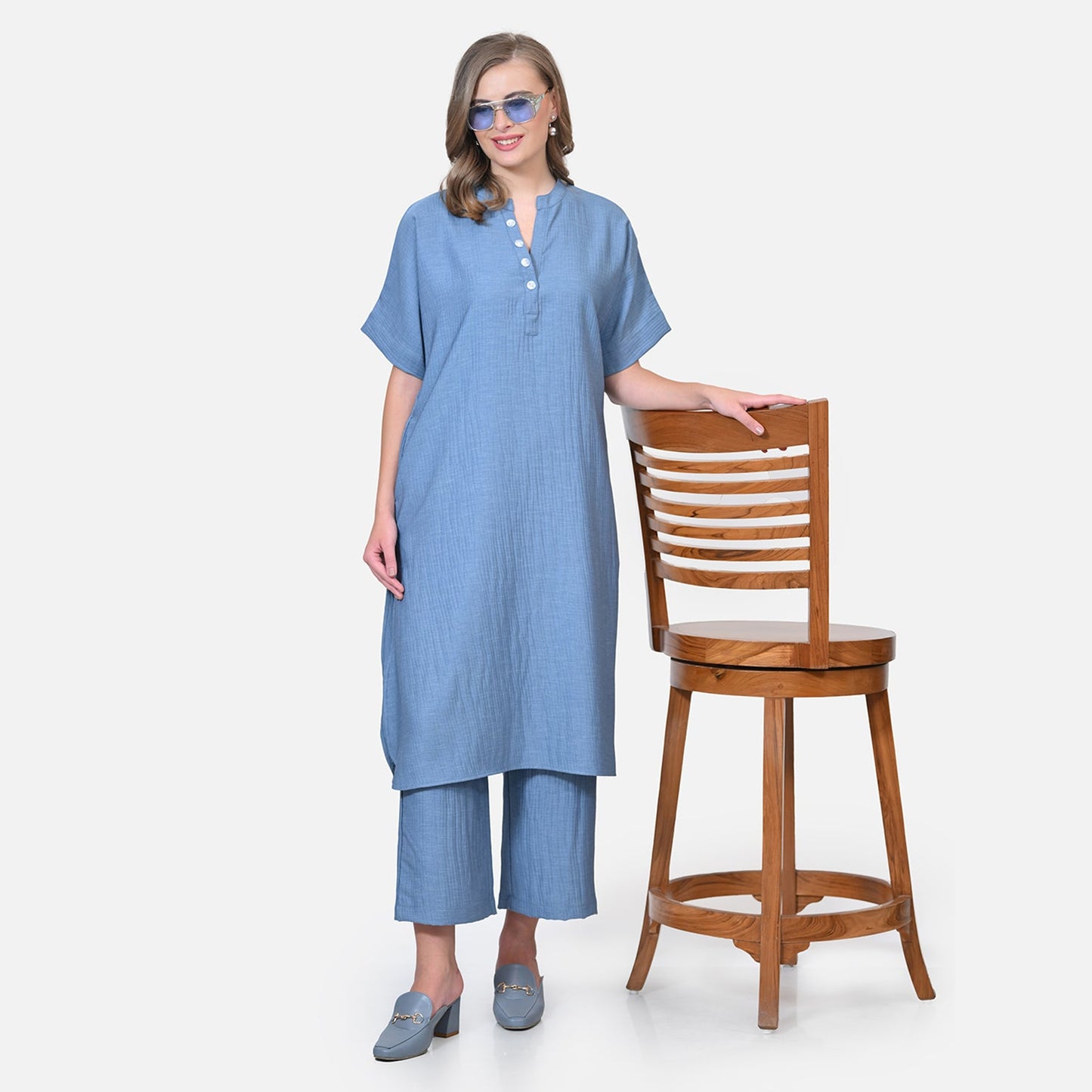 Blue Texture Line Kurta With Pocket