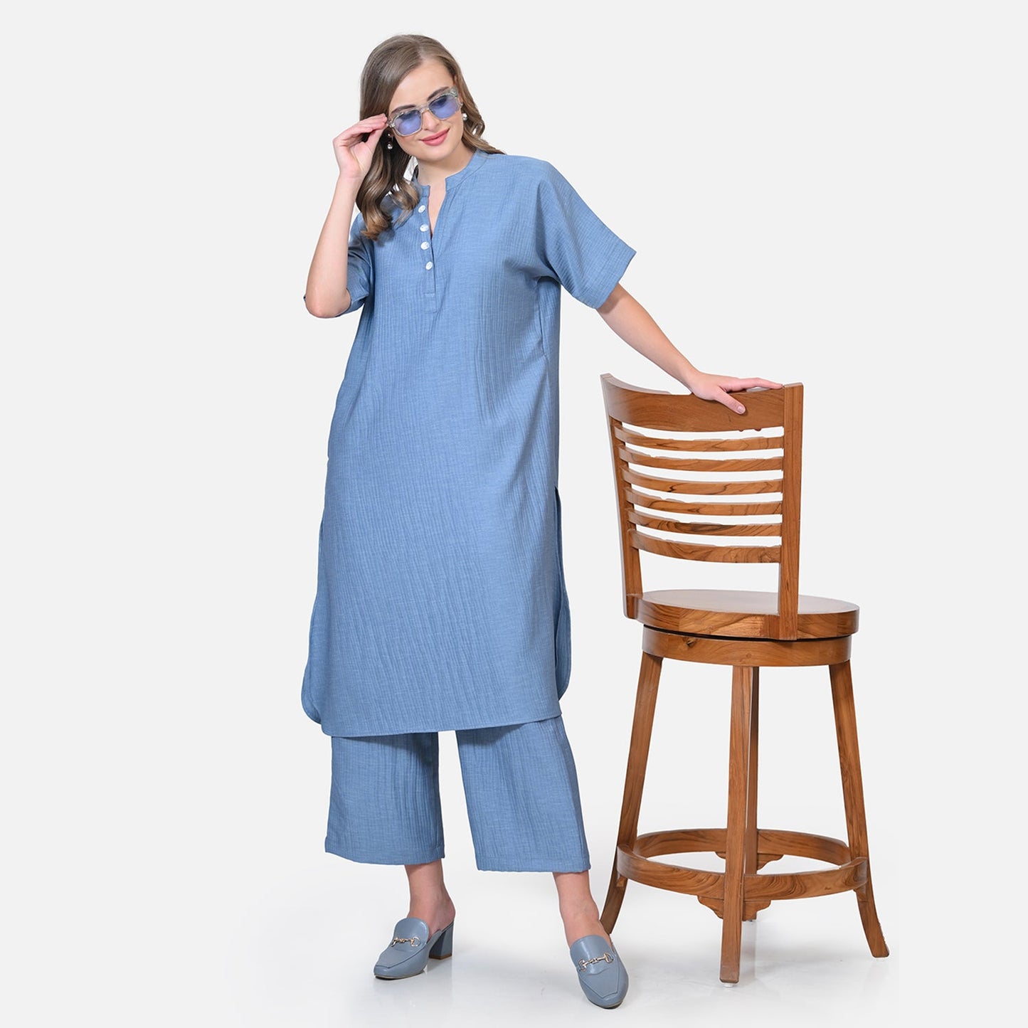 Blue Texture Line Kurta With Pocket
