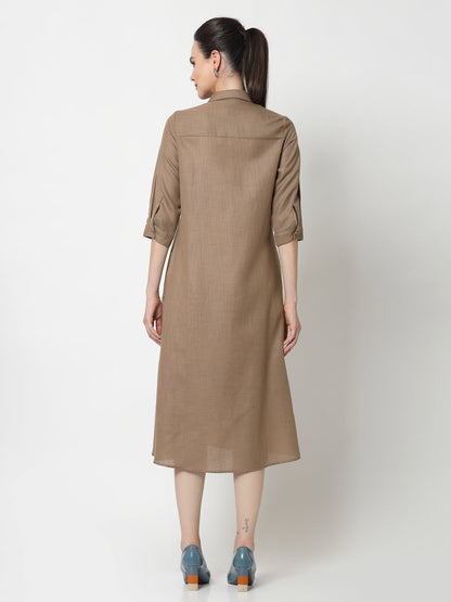 Dark Beige Cotton Pleated Long Dress