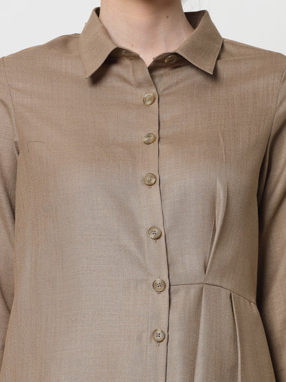 Dark Beige Cotton Pleated Long Dress