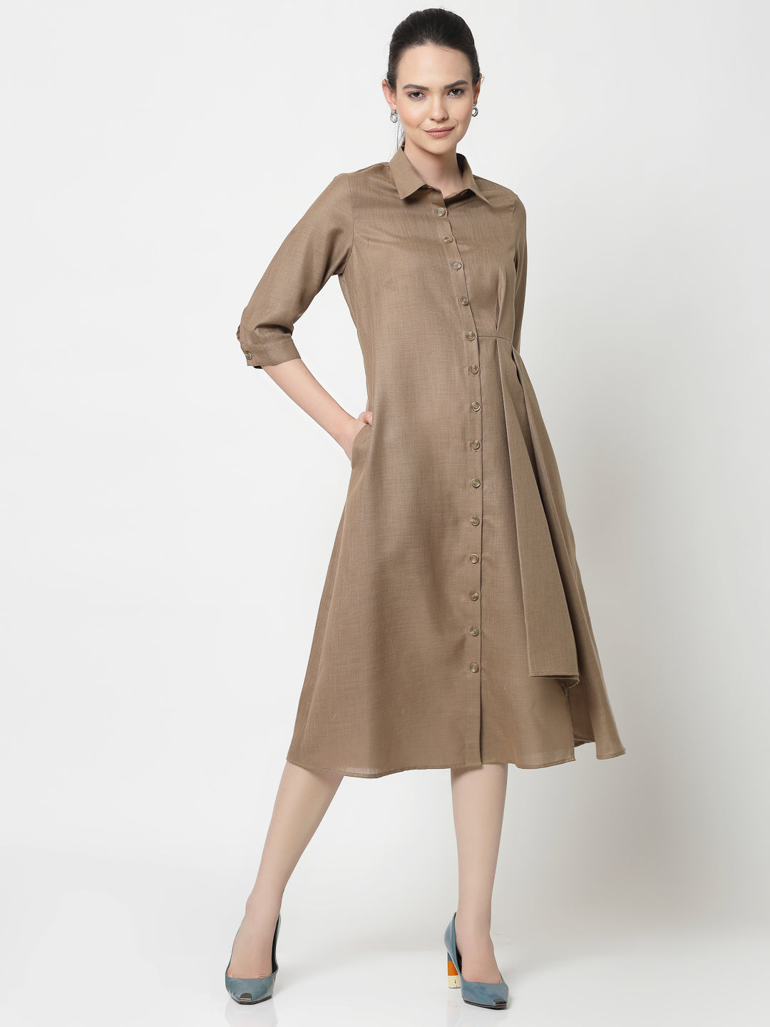 Dark Beige Cotton Pleated Long Dress