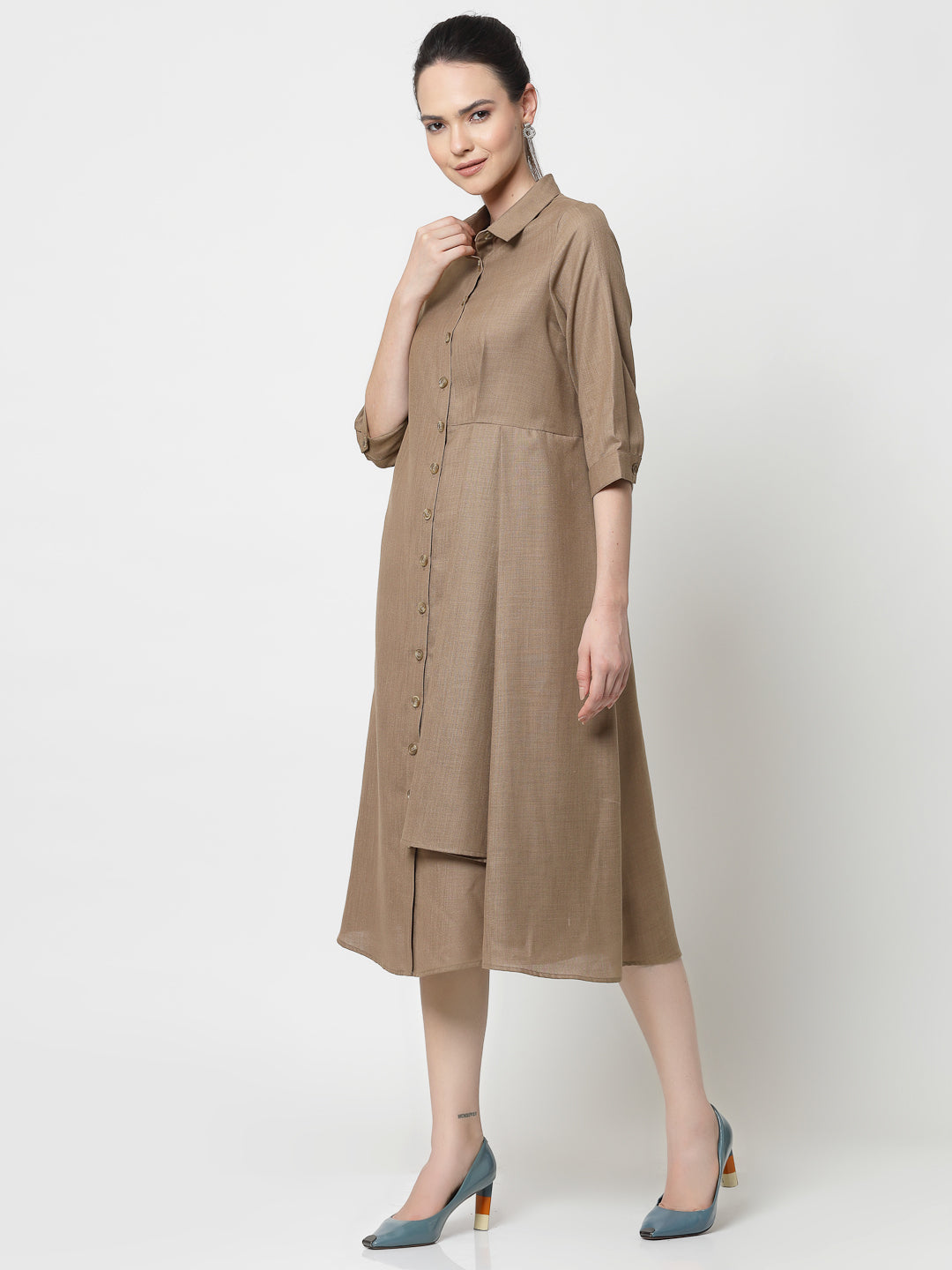 Dark Beige Cotton Pleated Long Dress