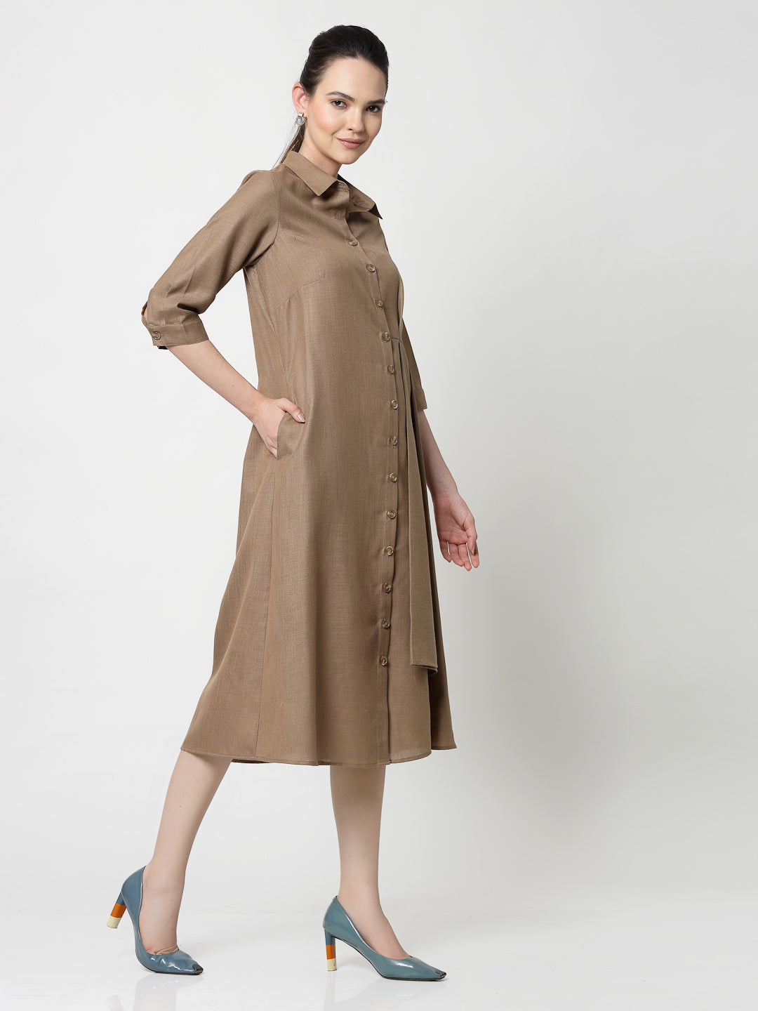 Dark Beige Cotton Pleated Long Dress