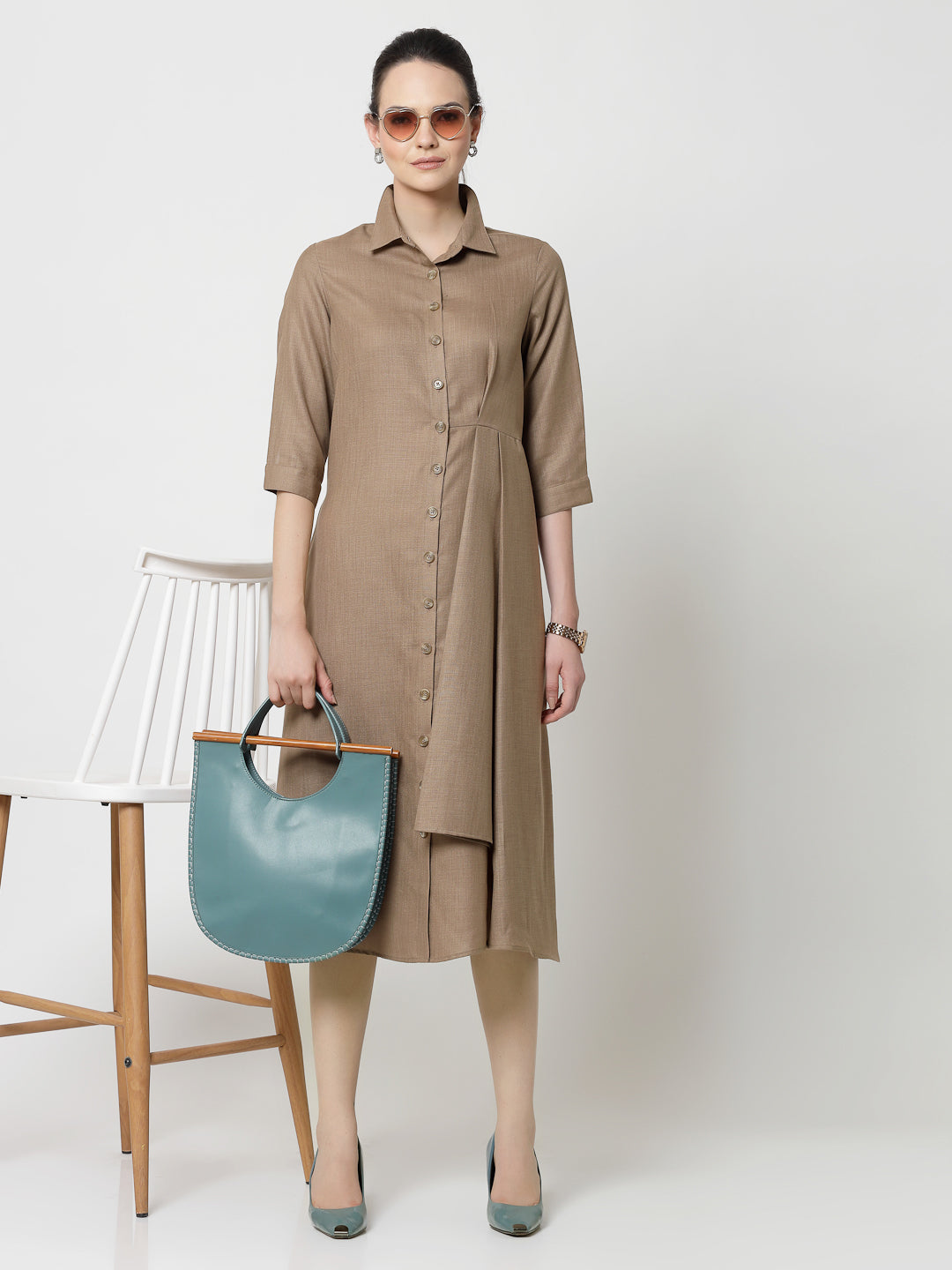 Dark Beige Cotton Pleated Long Dress