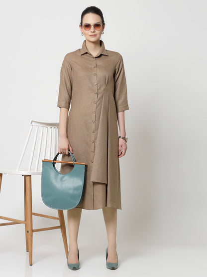 Dark Beige Cotton Pleated Long Dress