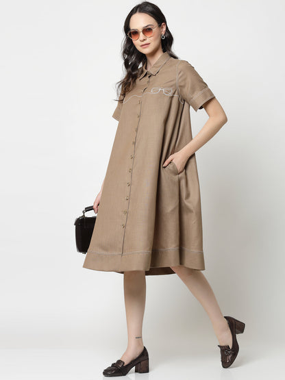 Dark Beige Dress With Embroidered Spectacles