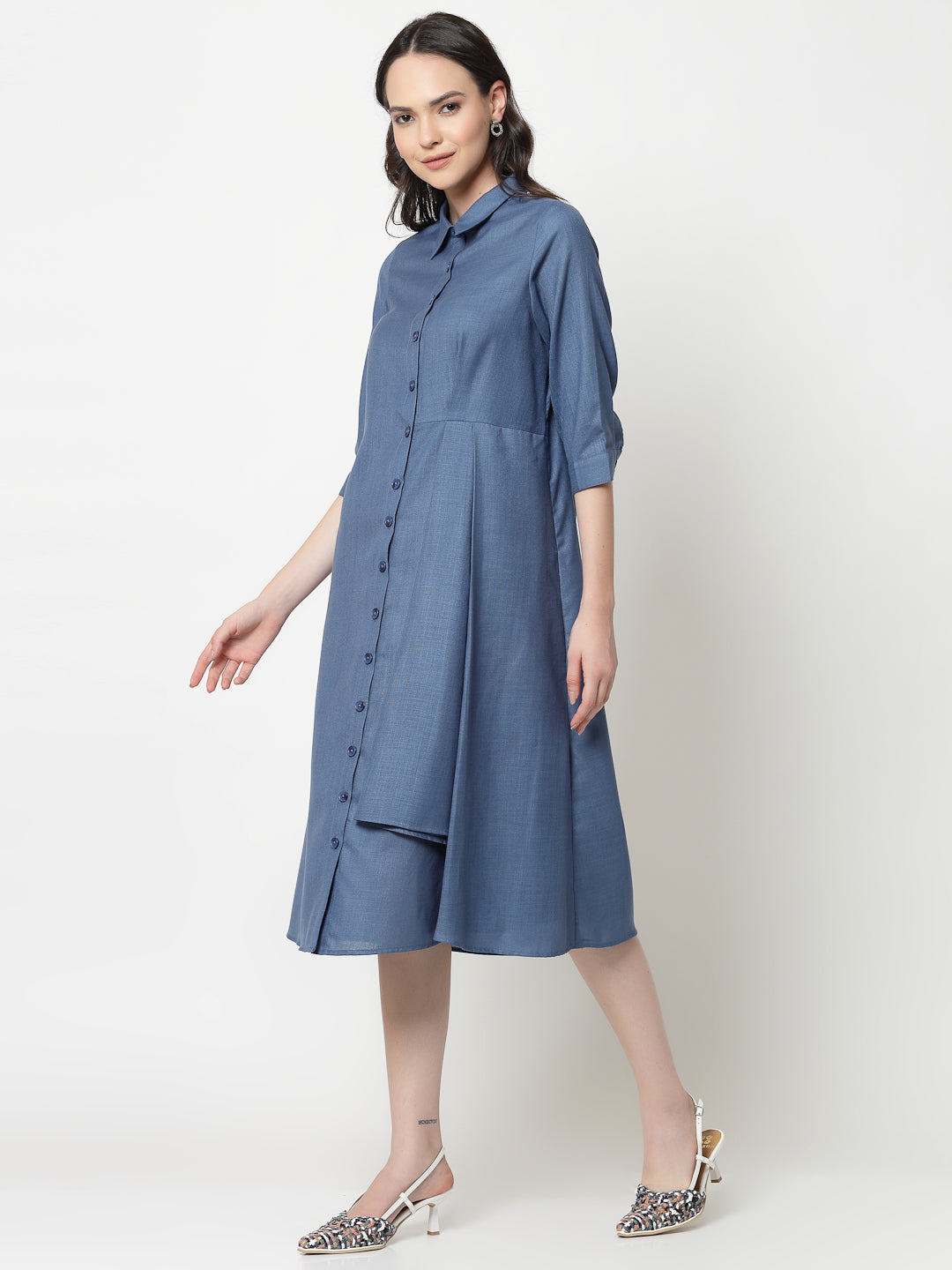 Dark Blue Cotton Pleated Long Dress
