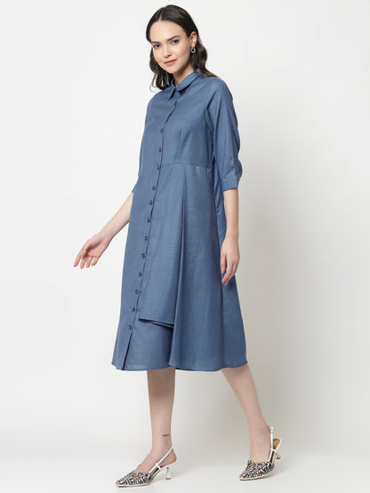 Dark Blue Cotton Pleated Long Dress